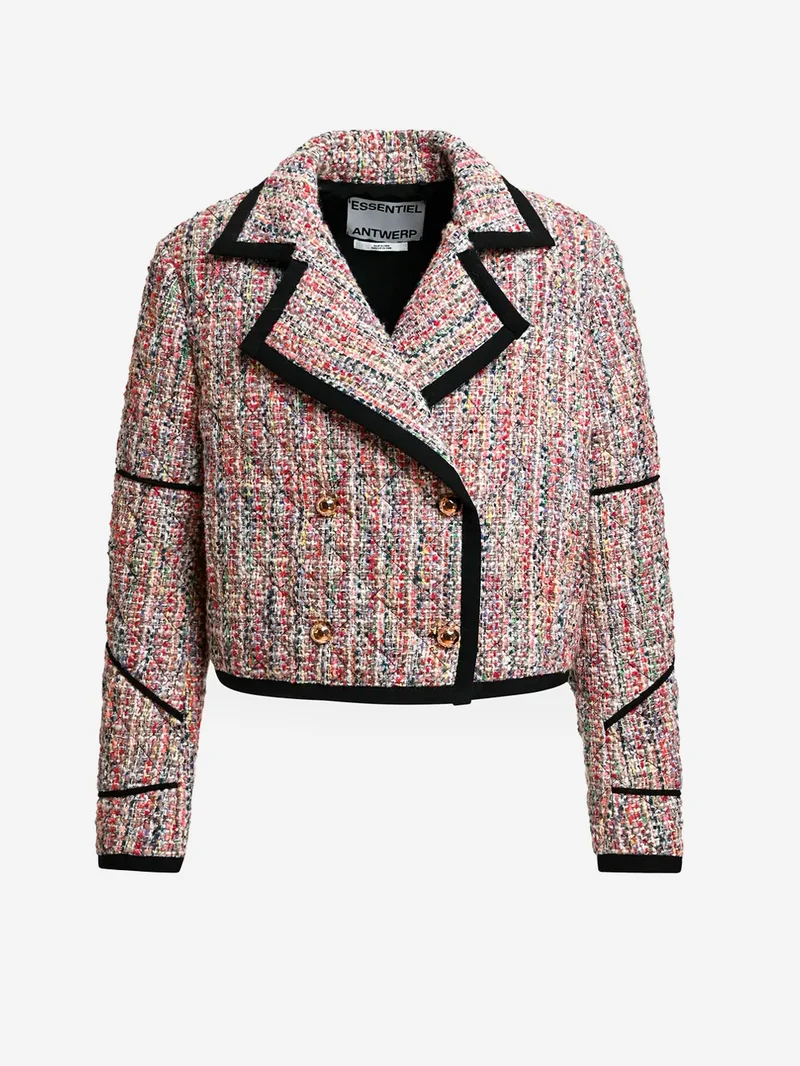 Giacca corta in tweed misto lana con profili neri