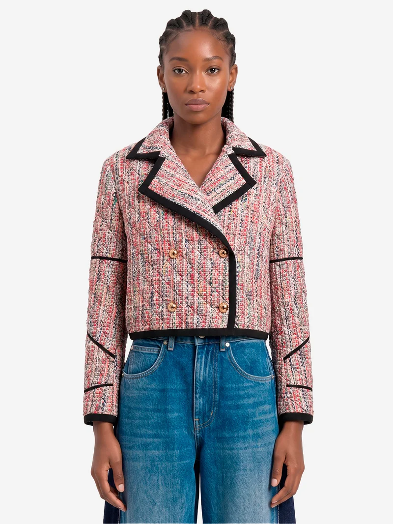 Giacca corta in tweed misto lana con profili neri