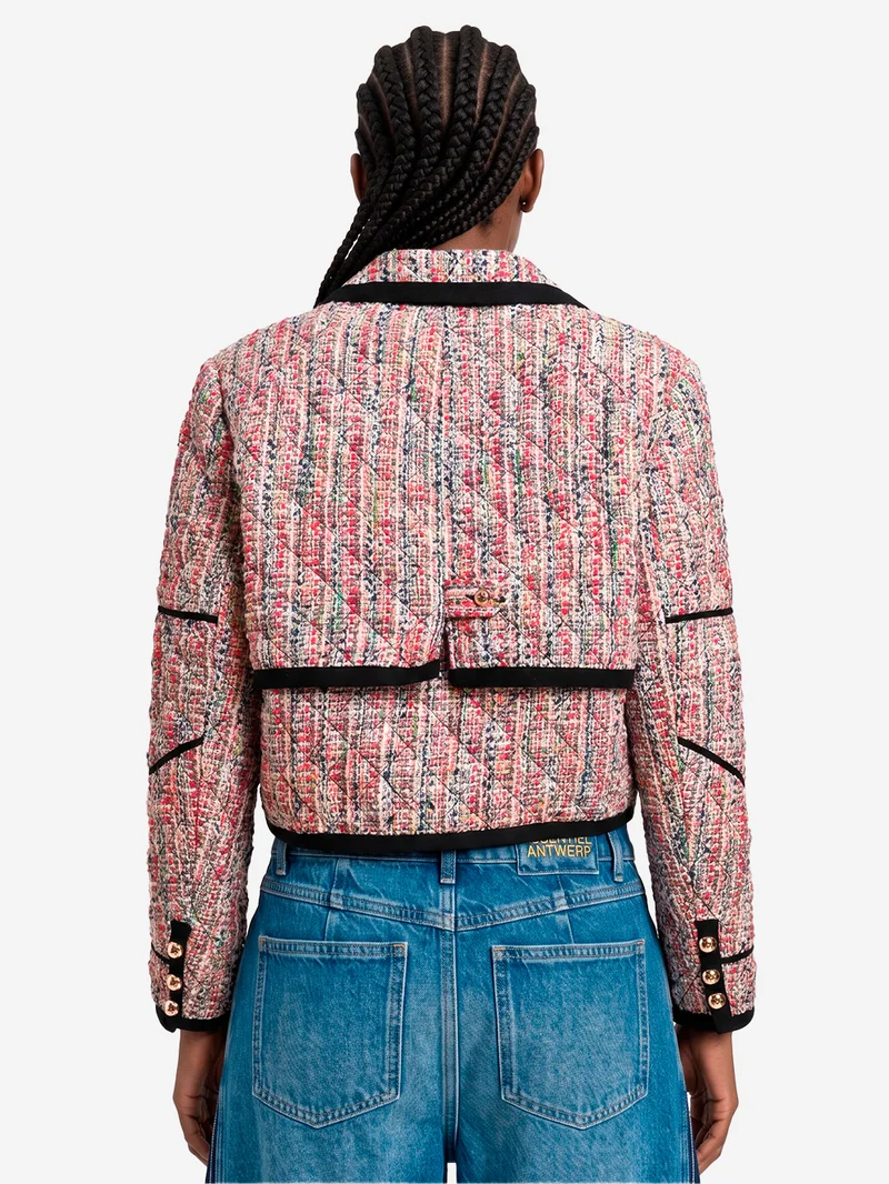 Giacca corta in tweed misto lana con profili neri