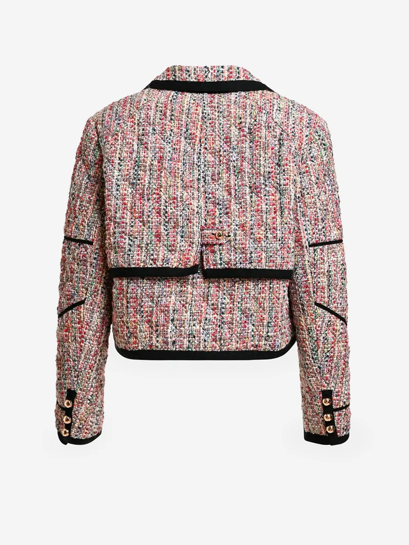 Giacca corta in tweed misto lana con profili neri