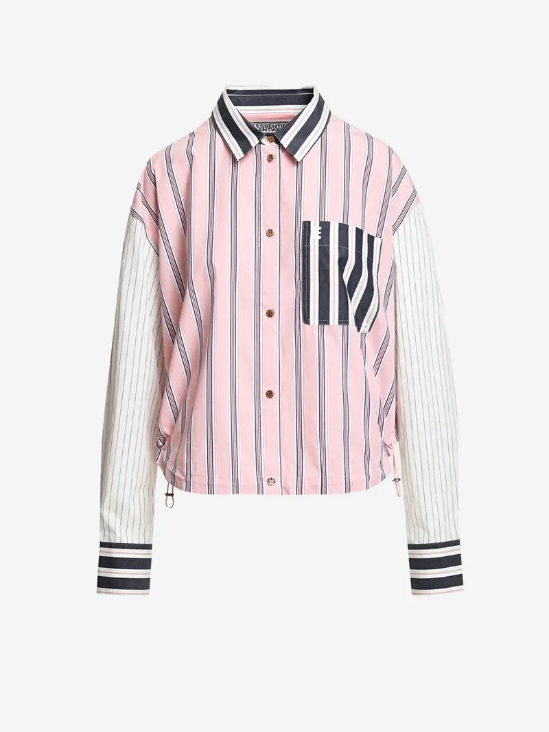Camicia cropped rosa con patchwork a righe