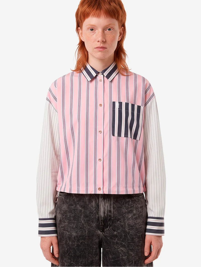 Camicia cropped rosa con patchwork a righe
