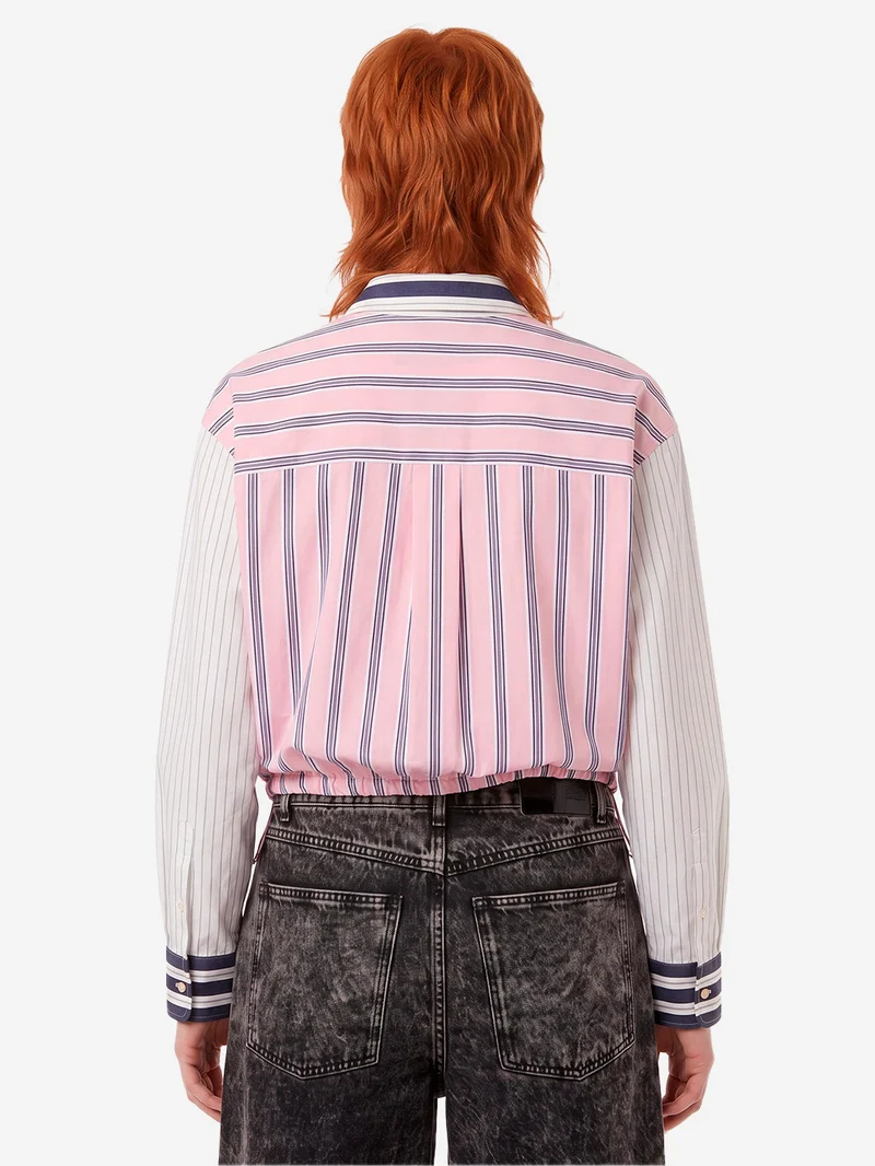 Camicia cropped rosa con patchwork a righe