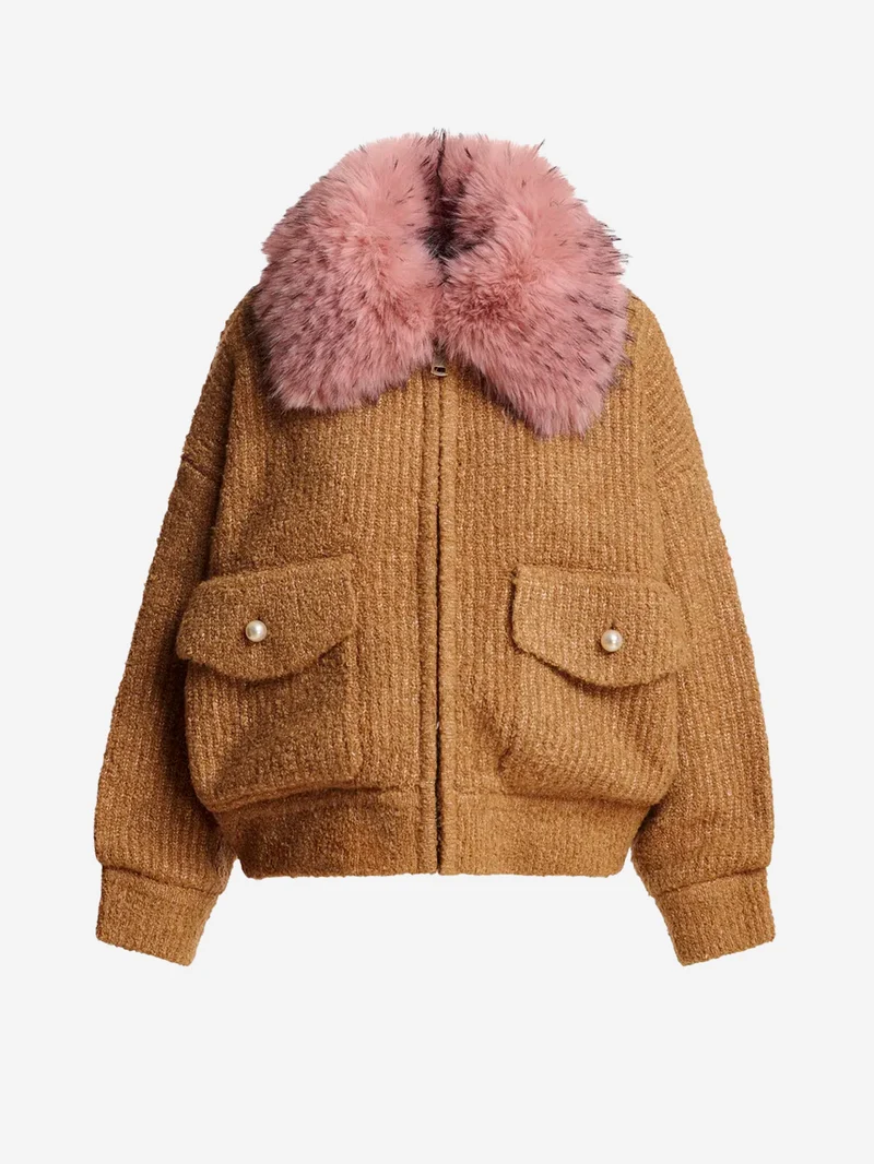 Bomber cammello in bouclé con colletto rimovibile in pelliccia sintetica