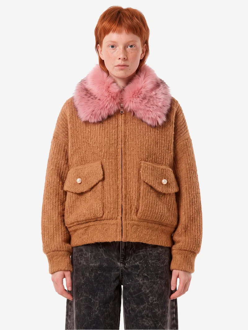 Bomber cammello in bouclé con colletto rimovibile in pelliccia sintetica