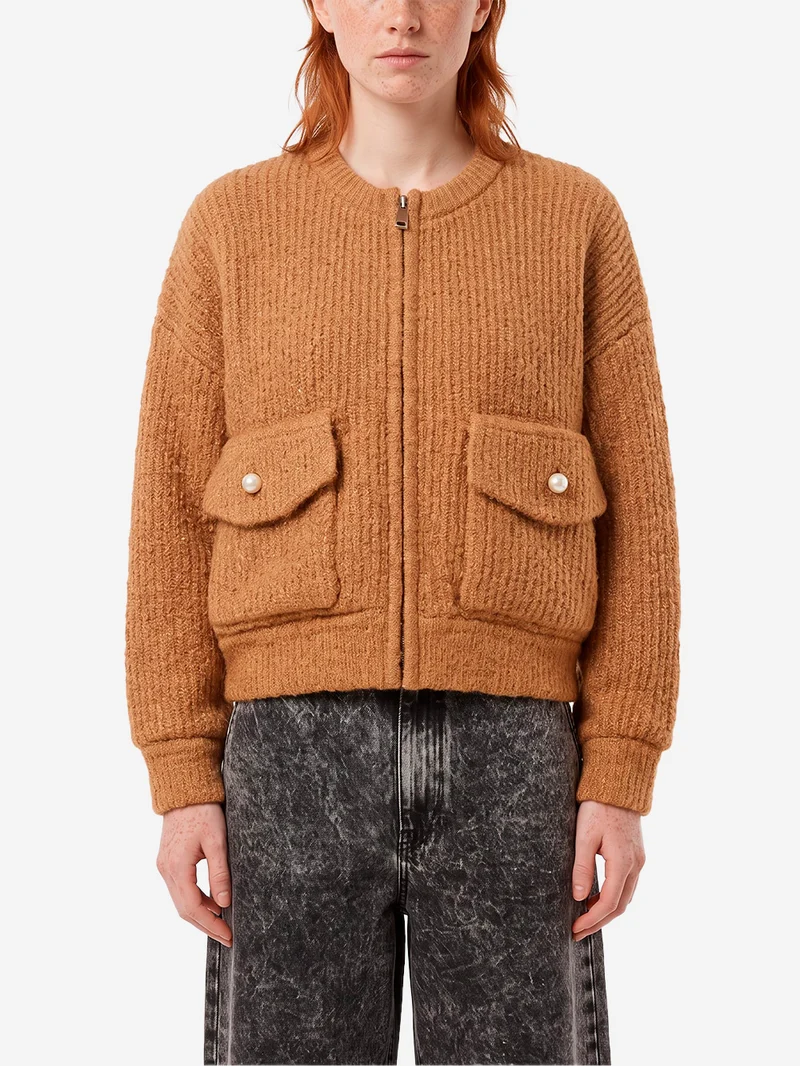 Bomber cammello in bouclé con colletto rimovibile in pelliccia sintetica