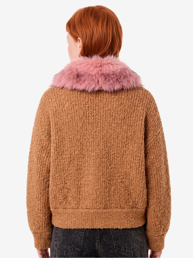 Bomber cammello in bouclé con colletto rimovibile in pelliccia sintetica