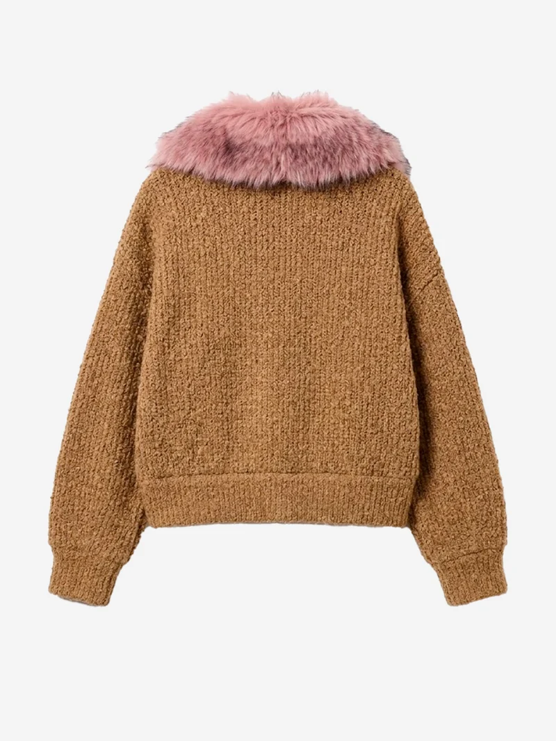Bomber cammello in bouclé con colletto rimovibile in pelliccia sintetica