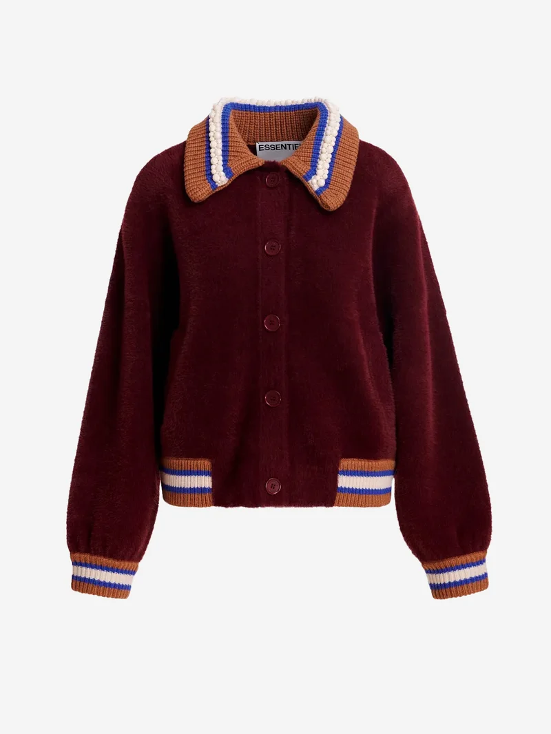 Cardigan bordeaux con colletto a contrasto