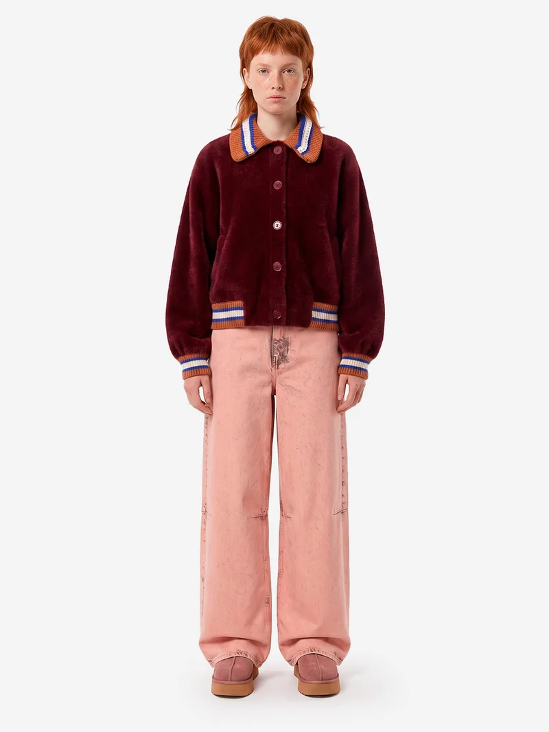 Cardigan bordeaux con colletto a contrasto