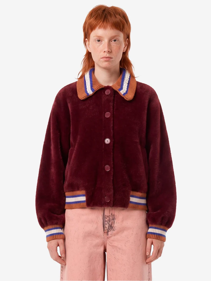 Cardigan bordeaux con colletto a contrasto