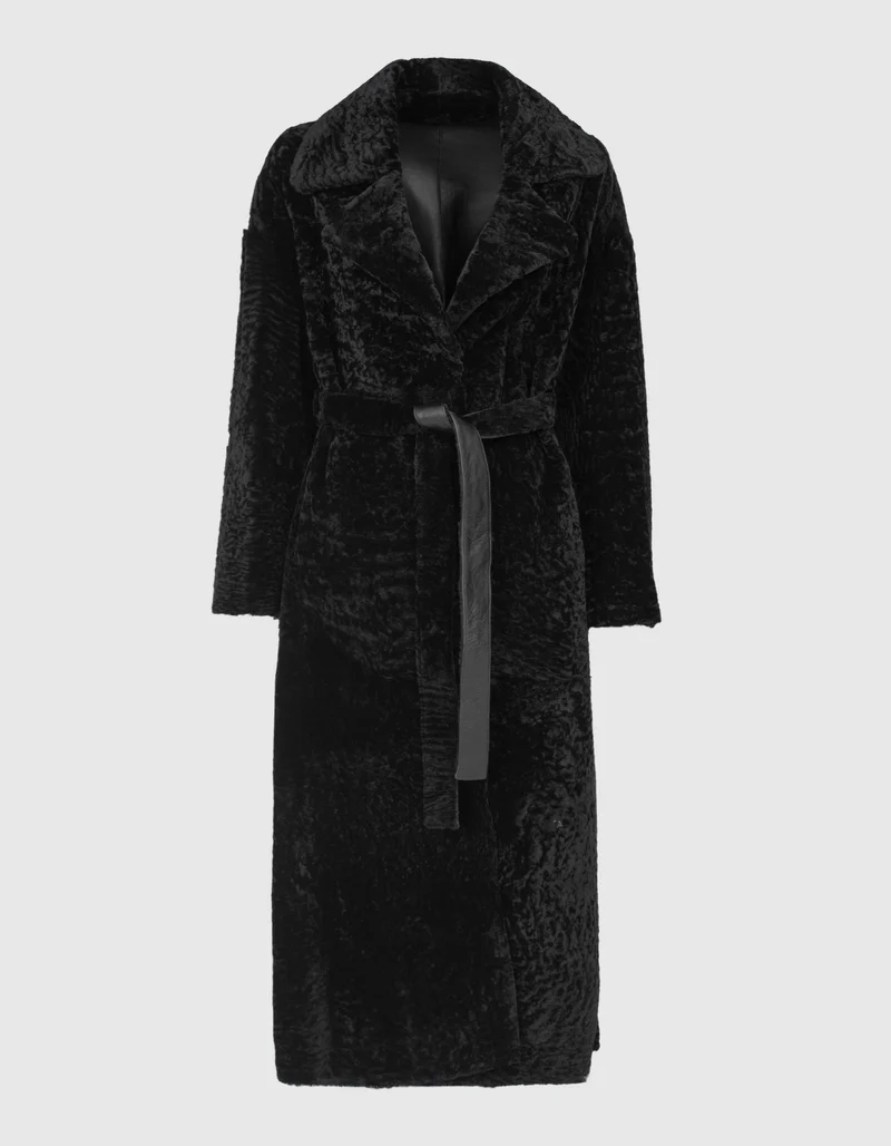 Wende-Shearling-Leder-Mantel Rien mit Bindegürtel