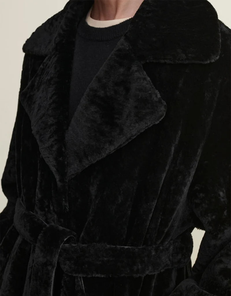 Wende-Shearling-Leder-Mantel Rien mit Bindegürtel
