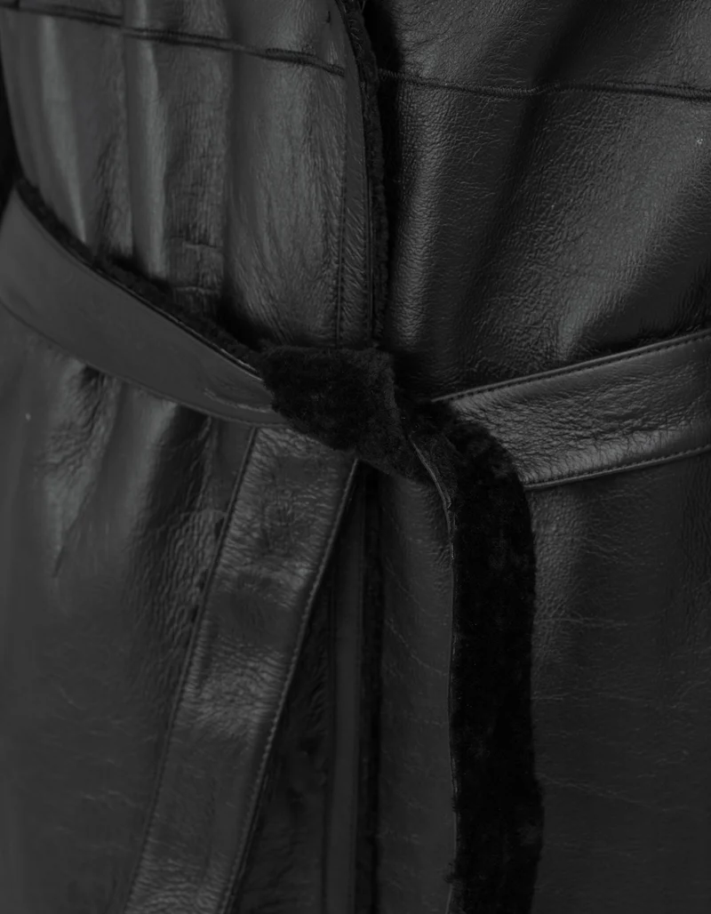 Wende-Shearling-Leder-Mantel Rien mit Bindegürtel