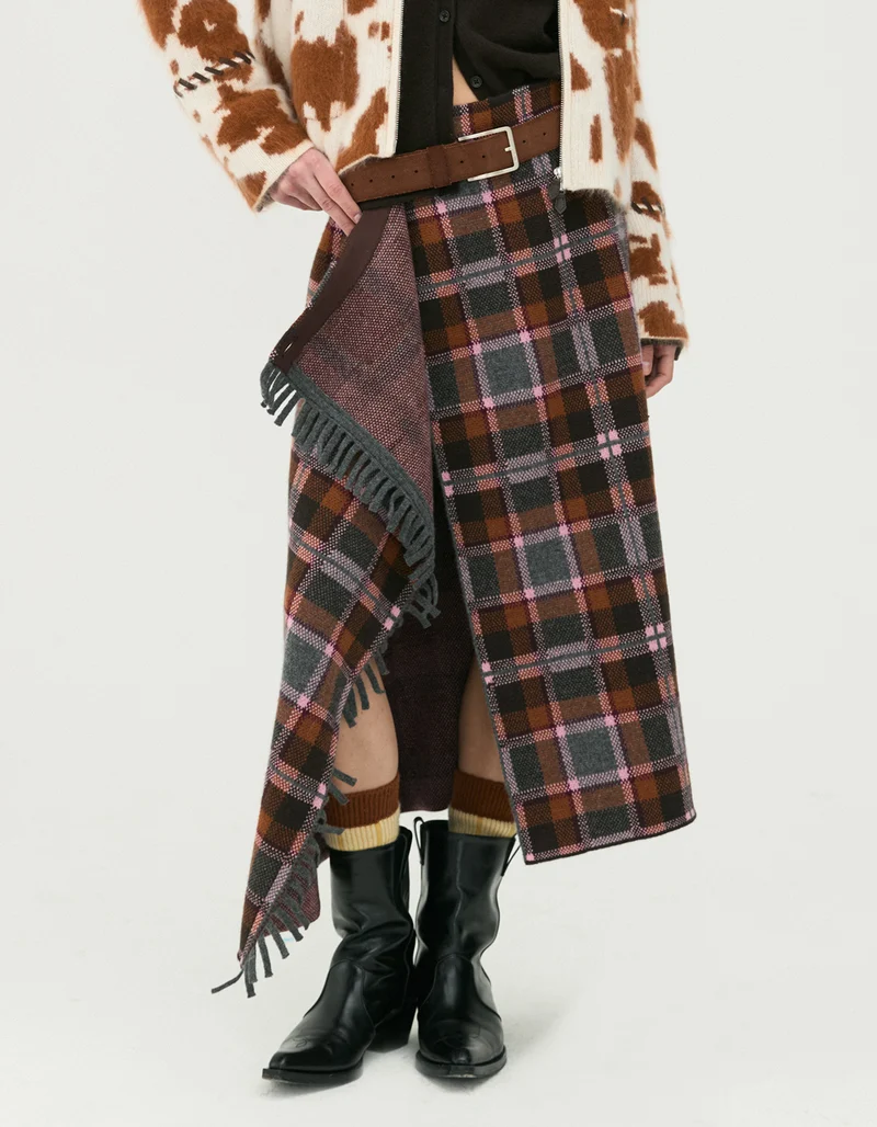 Wolle-Kaschmir Midi-Rock Tartan Wrap