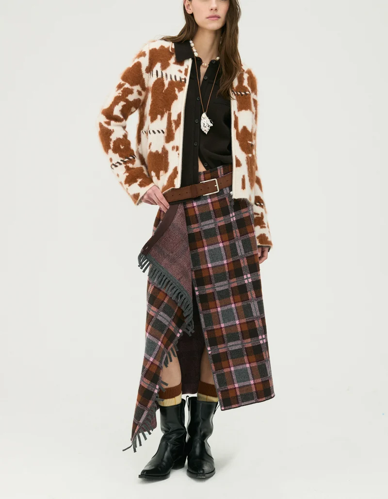 Wolle-Kaschmir Midi-Rock Tartan Wrap