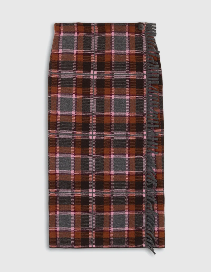 Wolle-Kaschmir Midi-Rock Tartan Wrap