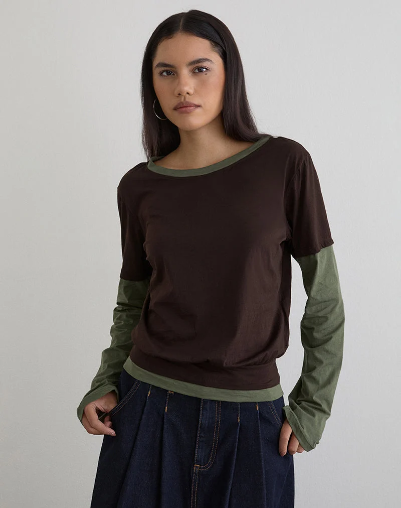 Enidy Langarm-Oberteil aus Jersey in Schokoladenbraun und Khaki