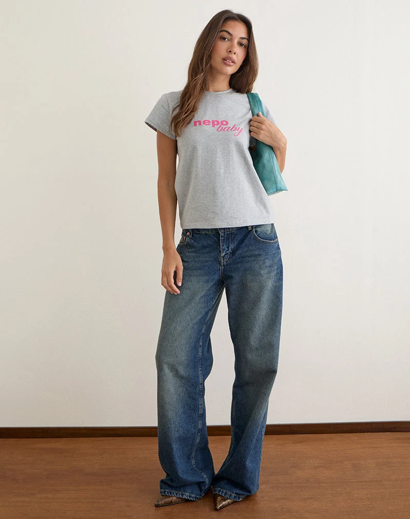 Clio Baggy-T-Shirt in Grau meliert mit „Nepo Baby“-Aufdruck