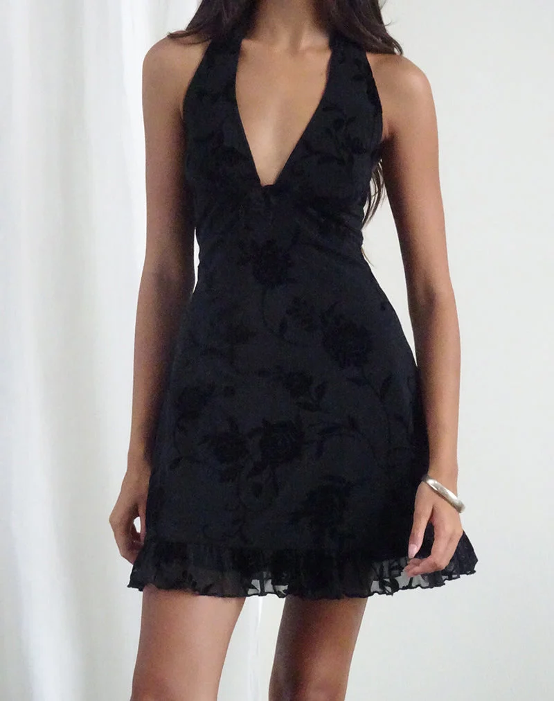 Motya Neckholder-Minikleid in Floral Rose Flocked Schwarz