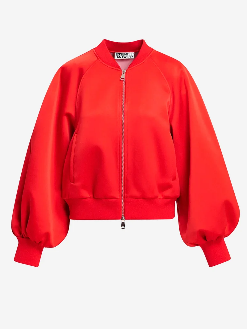 Giacca bomber rossa in satin con maniche voluminose