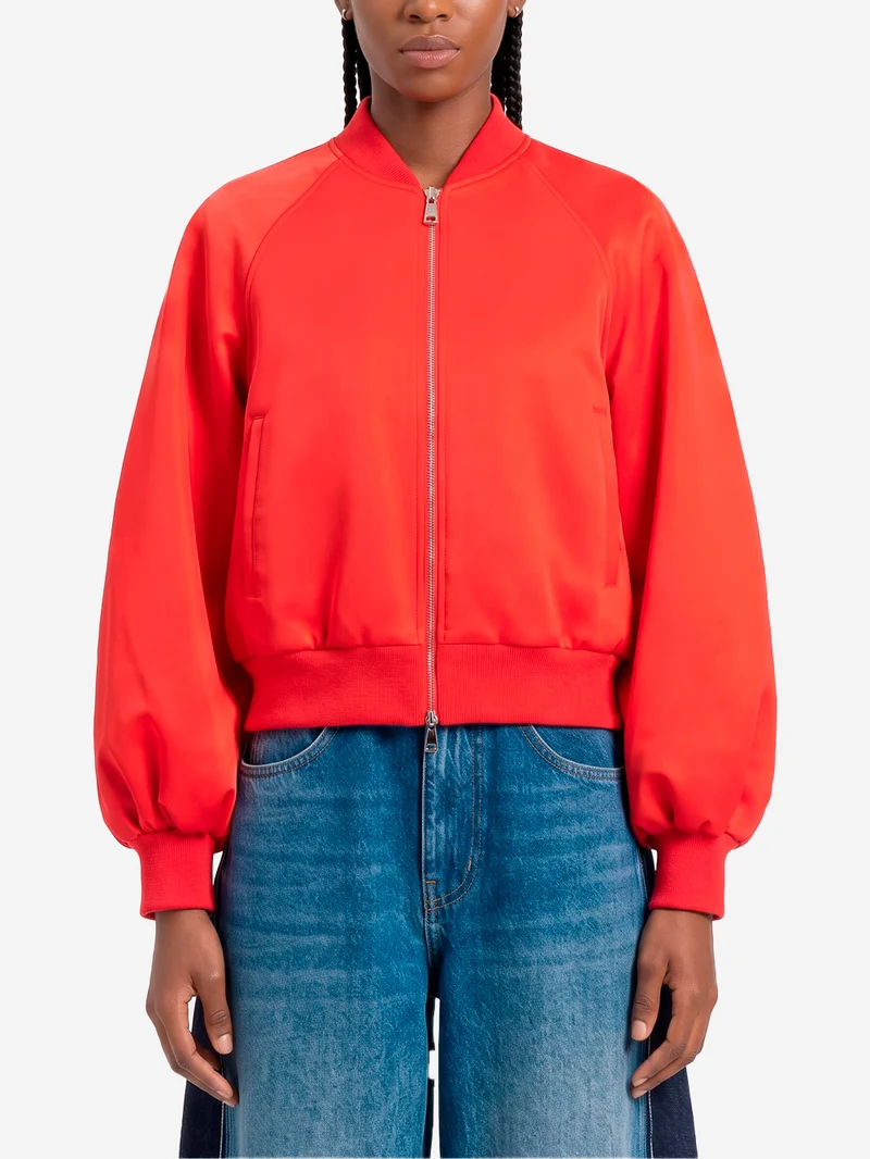 Giacca bomber rossa in satin con maniche voluminose