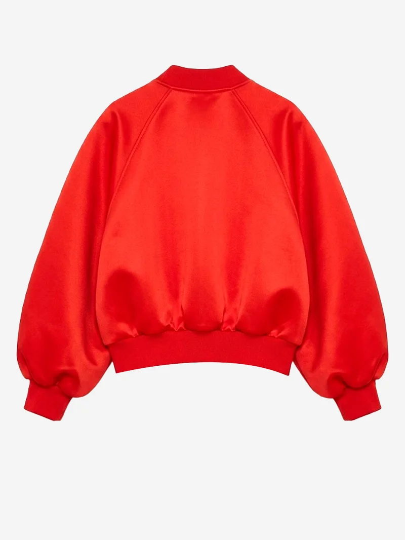 Giacca bomber rossa in satin con maniche voluminose