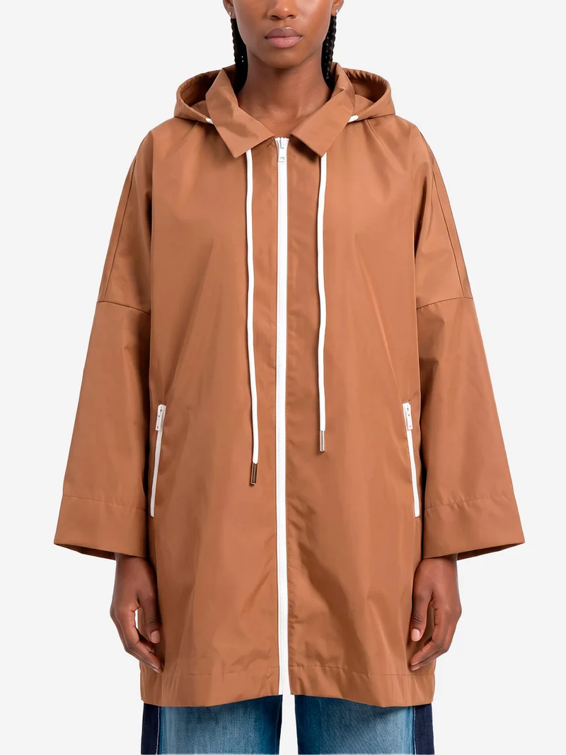 Impermeabile oversize cammello con cappuccio