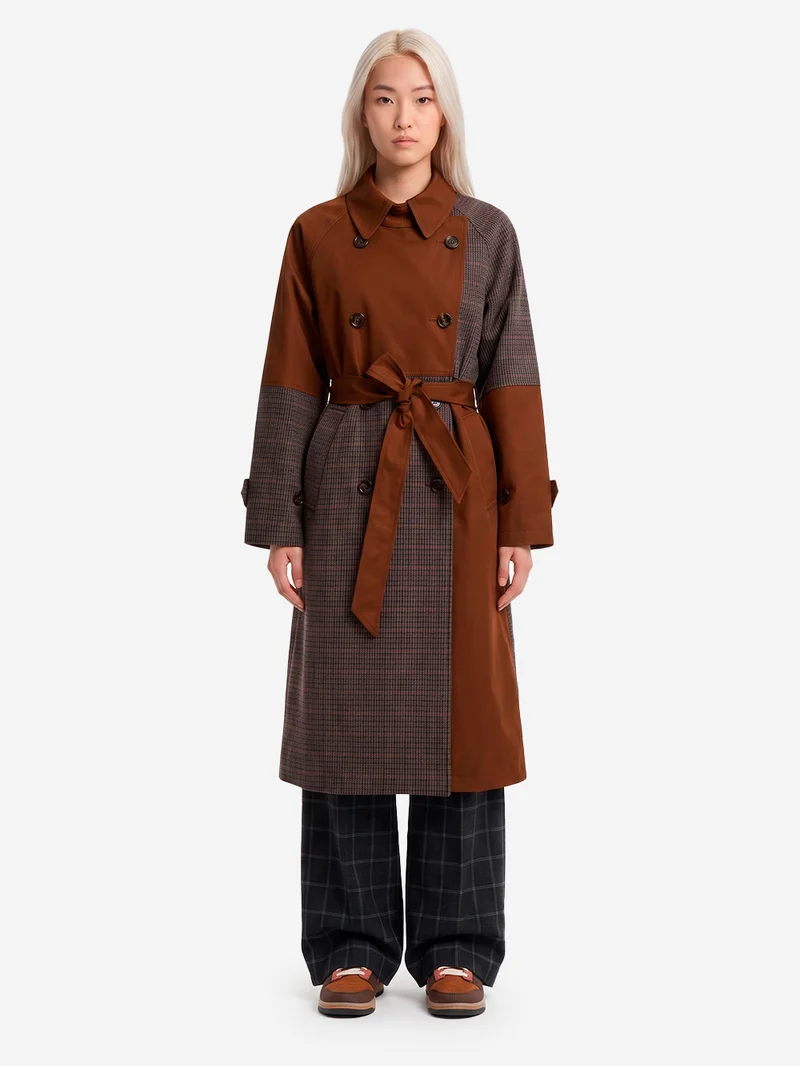 Trench doppiopetto color-block marrone e grigio