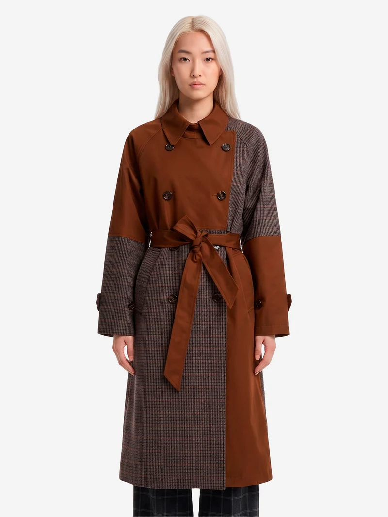 Trench doppiopetto color-block marrone e grigio