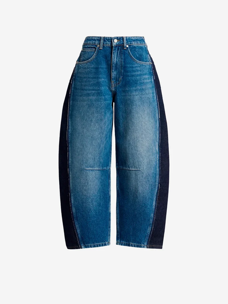 Jeans blu barrel con pannelli laterali a contrasto