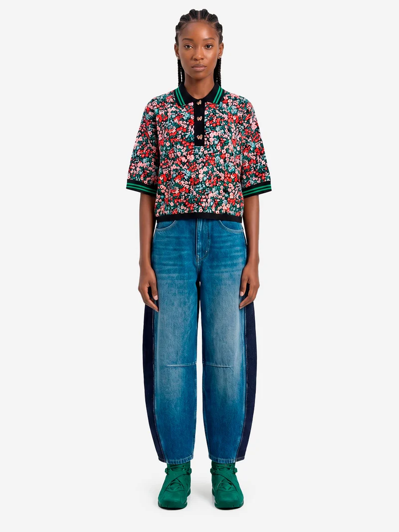 Jeans blu barrel con pannelli laterali a contrasto