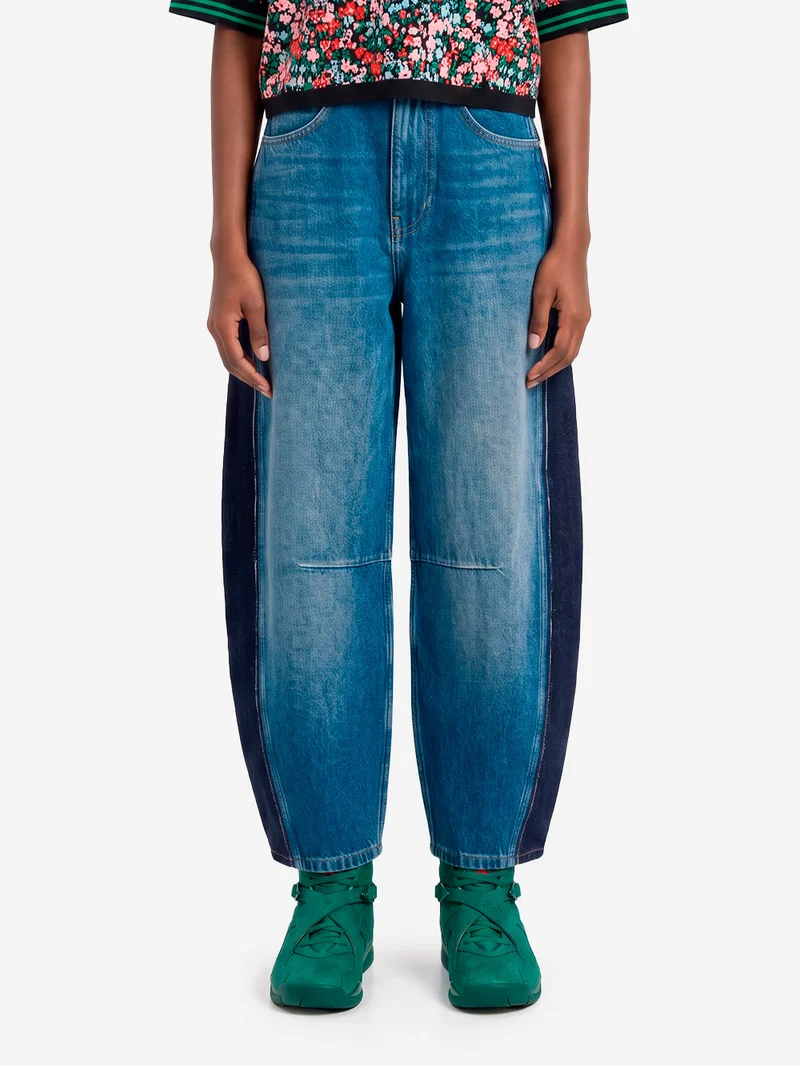 Jeans blu barrel con pannelli laterali a contrasto