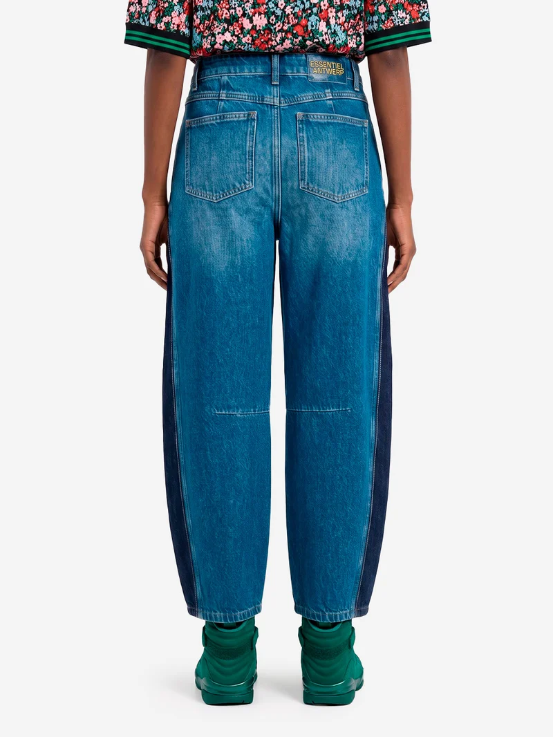 Jeans blu barrel con pannelli laterali a contrasto