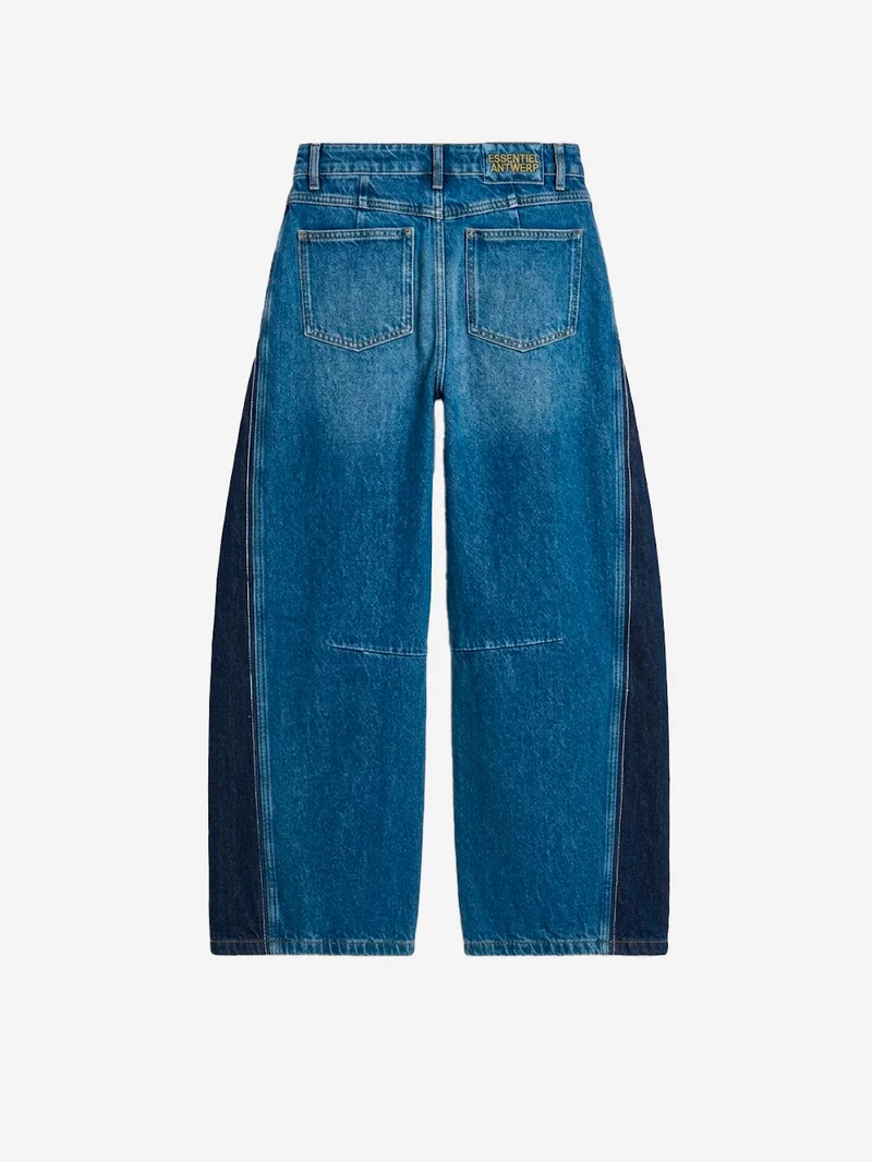 Jeans blu barrel con pannelli laterali a contrasto