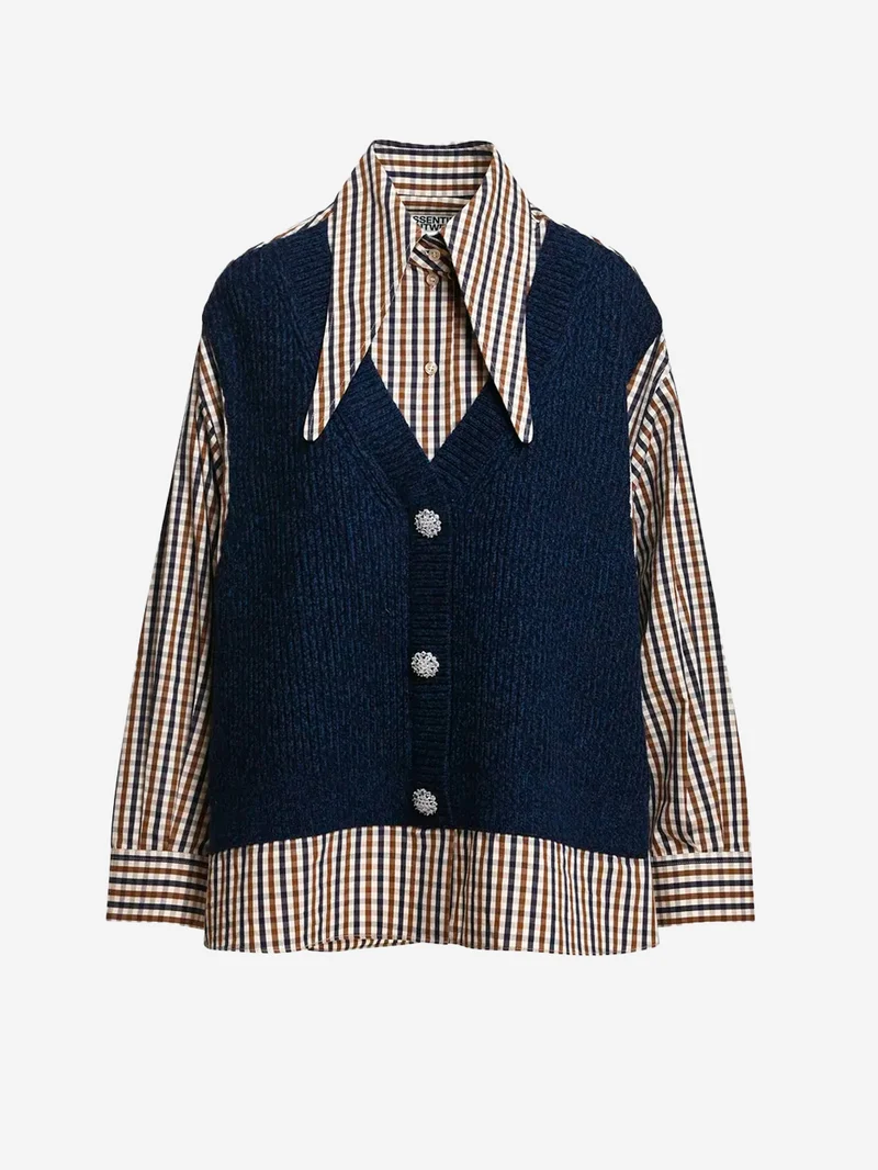 Camicia oversize a quadri con gilet in lana incorporato
