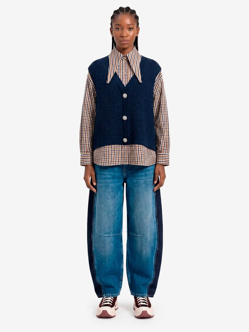Camicia oversize a quadri con gilet in lana incorporato