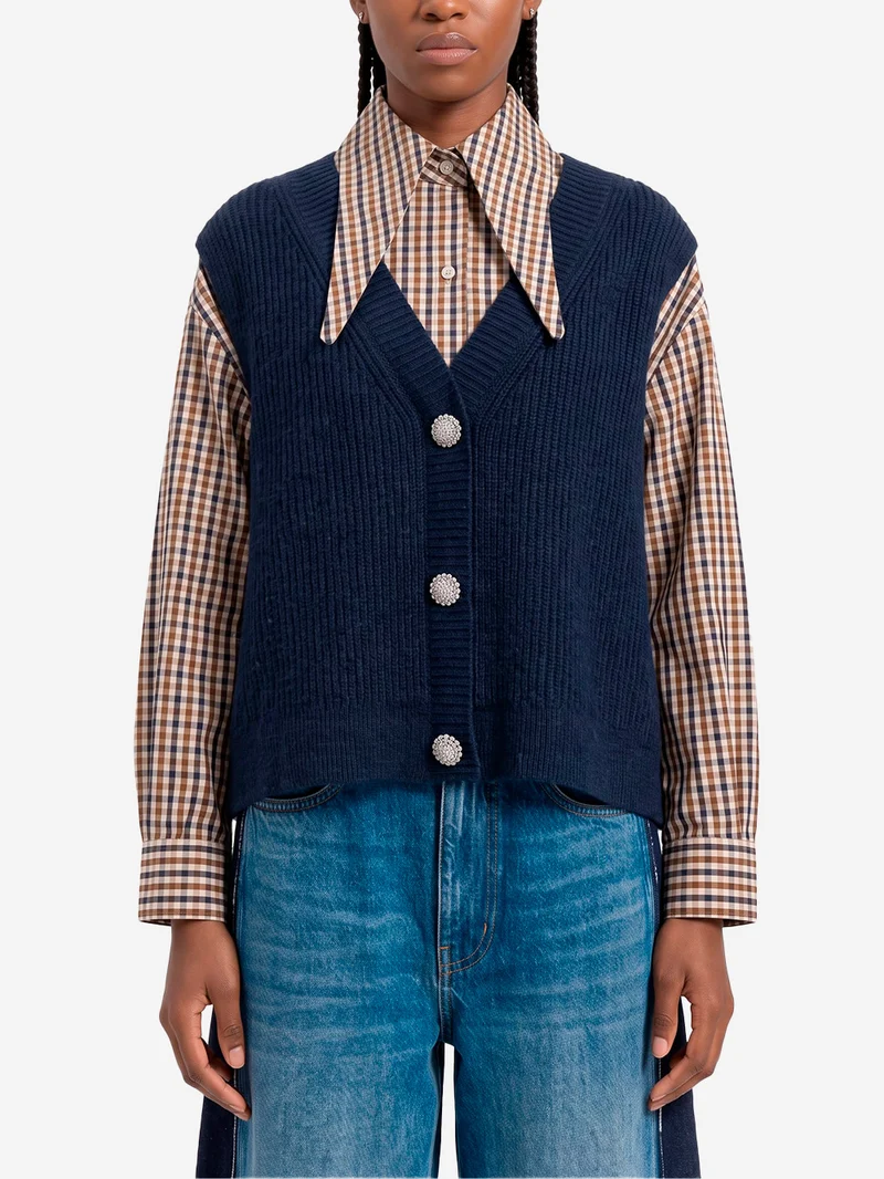 Camicia oversize a quadri con gilet in lana incorporato