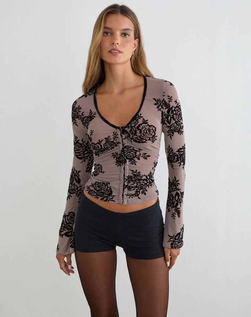 Jumah Top in Taupe-Grau mit auffälligem Blumenflock