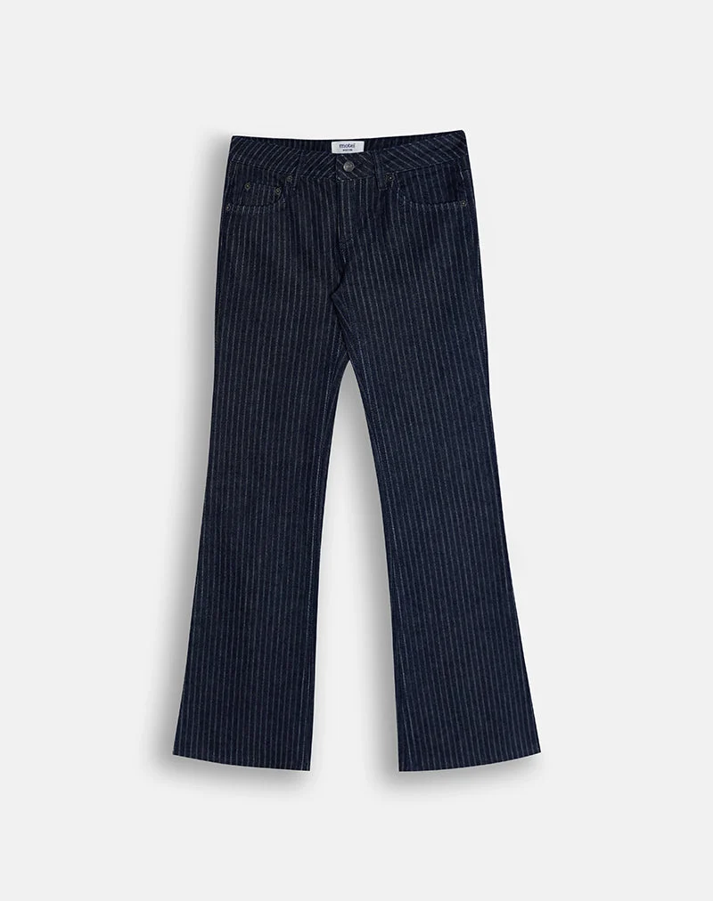 Flare-Jeans mit besonders niedriger Leibhöhe in gestreiftem Indigo