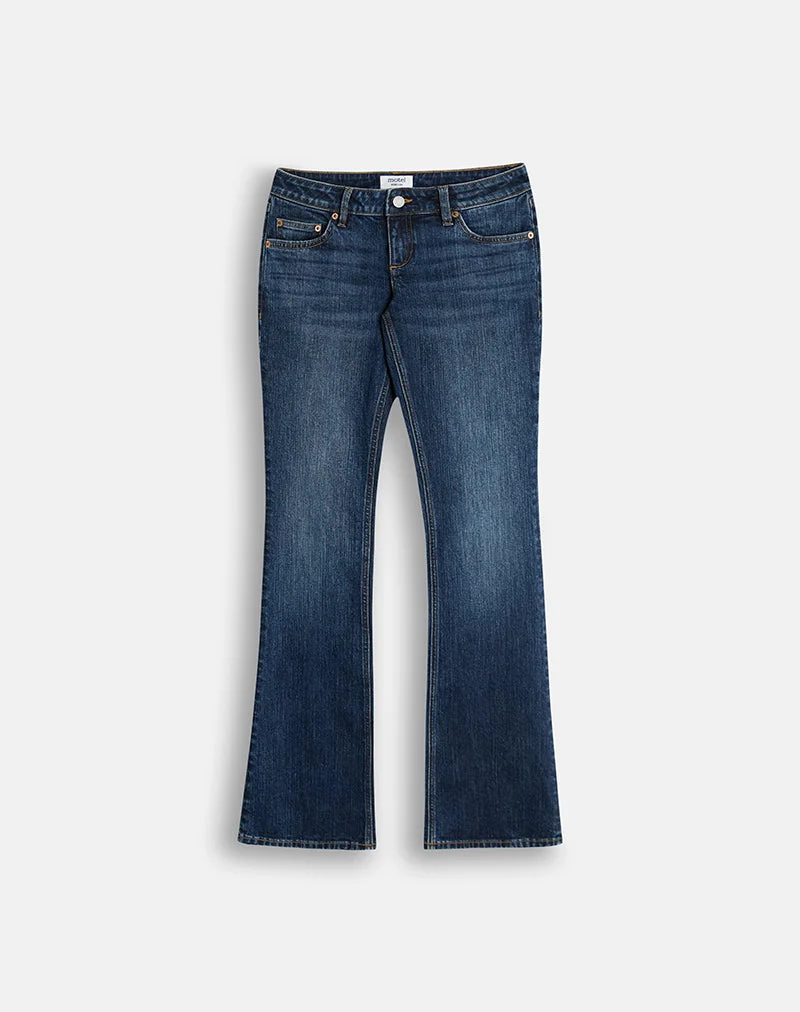 Stretch-Flare-Jeans mit extrem niedriger Leibhöhe in Marineblau