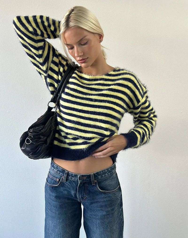 Zalo-Pullover aus gestreiftem Strick in Gelb und Marineblau