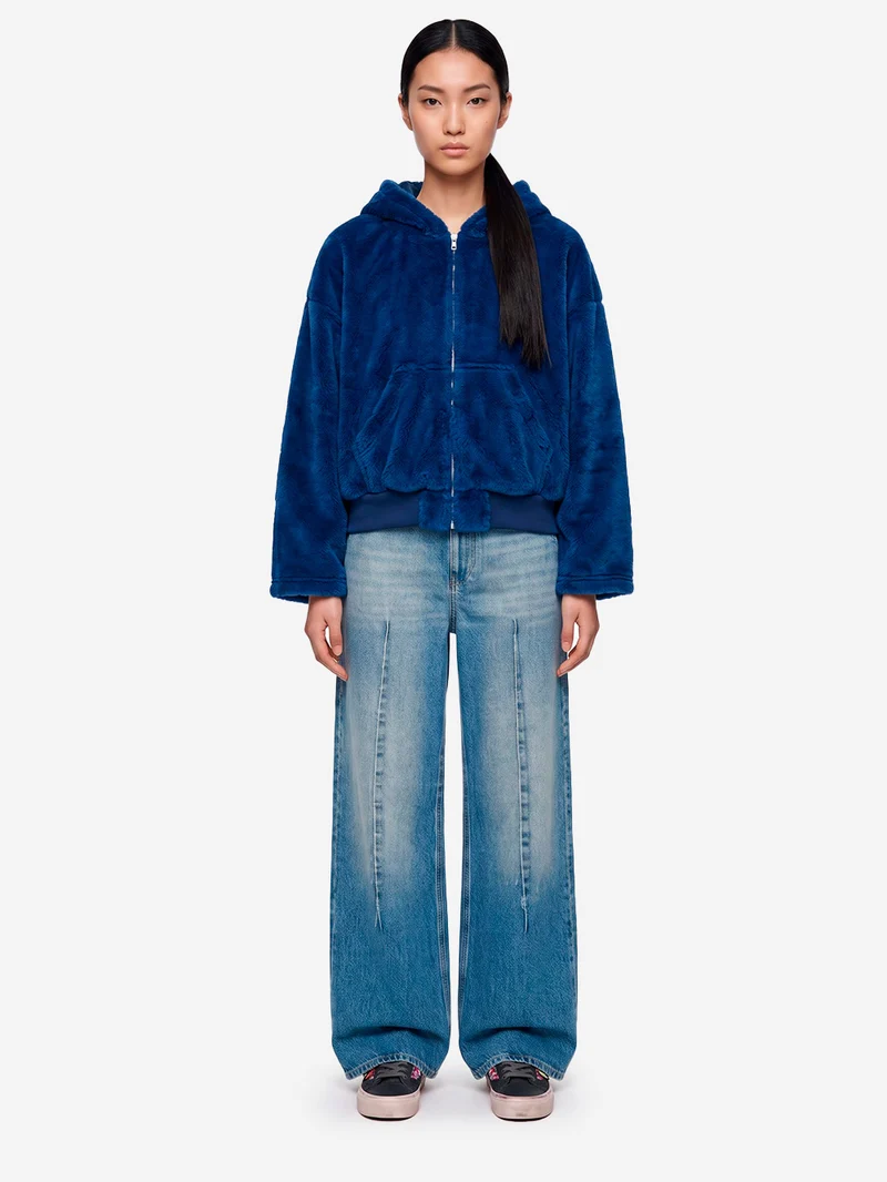 Giacca con cappuccio e zip in pile fleece blu