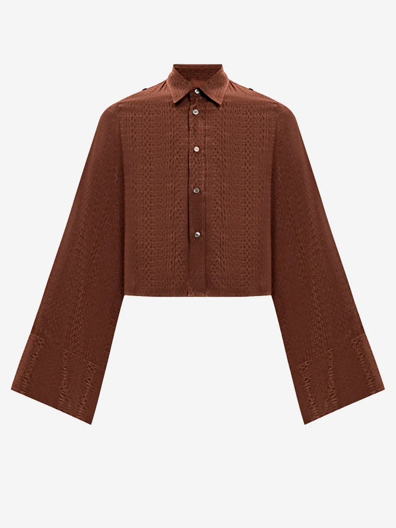 Camicia cropped marrone con logo jacquard