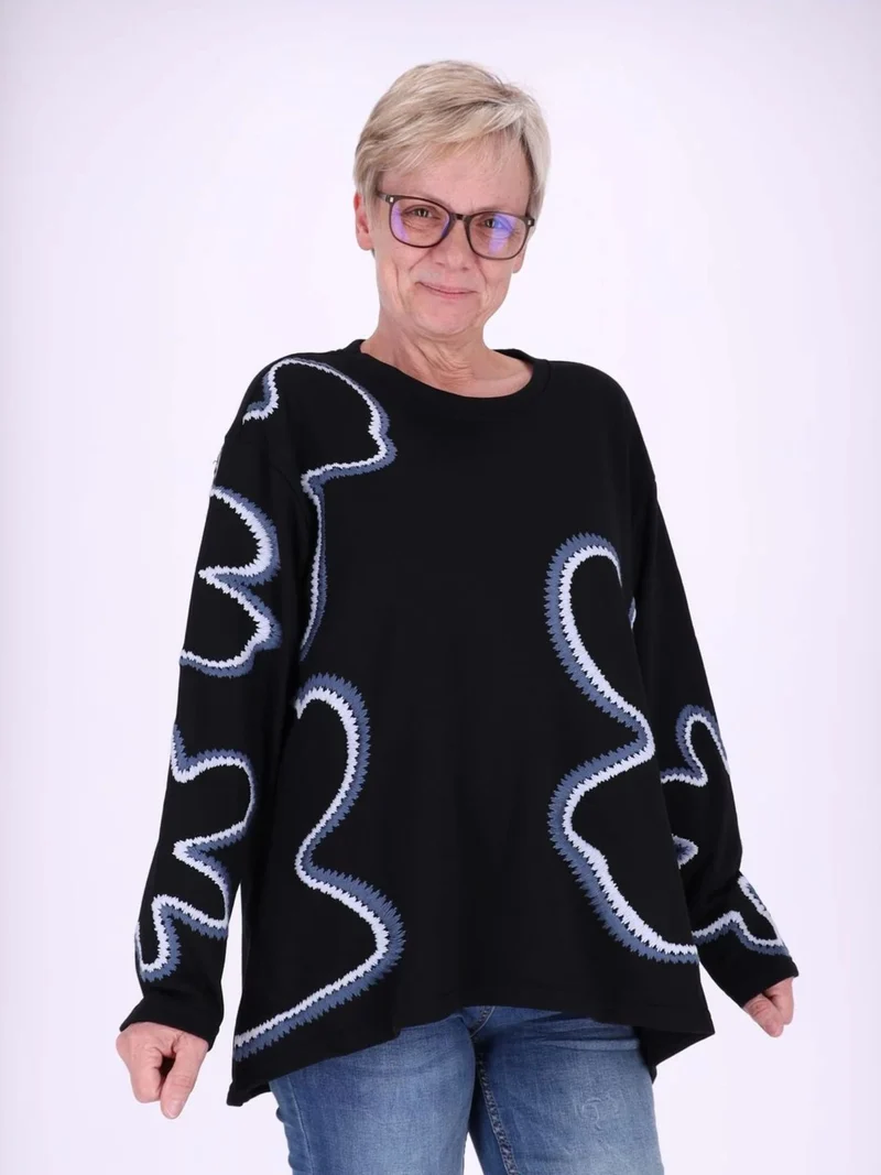 Blau gestreiftes Damen Sweatshirt mit Blüten-Stickerei