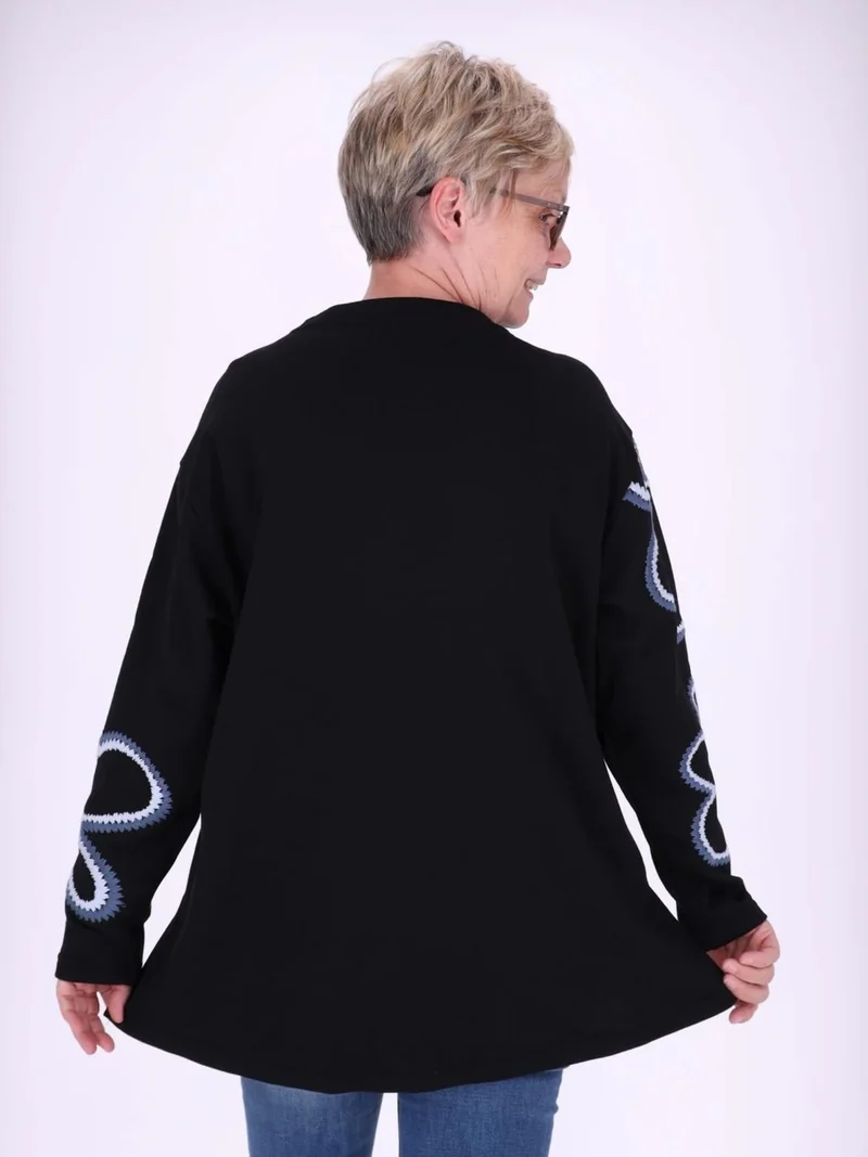 Blau gestreiftes Damen Sweatshirt mit Blüten-Stickerei