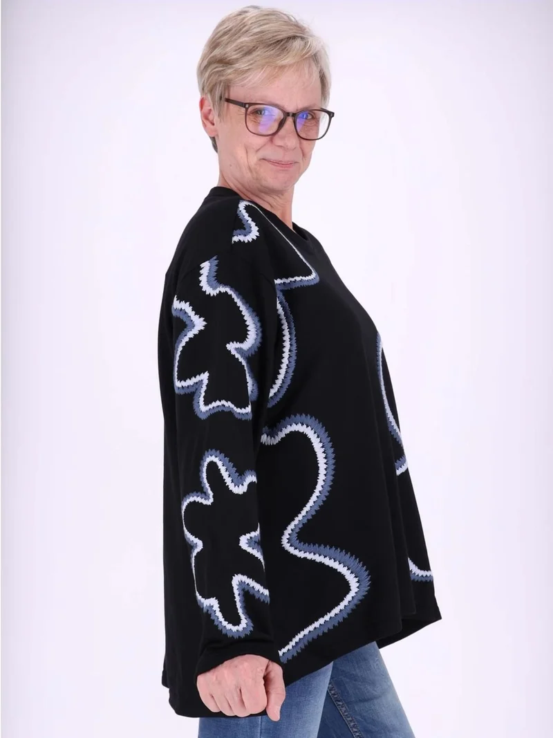Blau gestreiftes Damen Sweatshirt mit Blüten-Stickerei