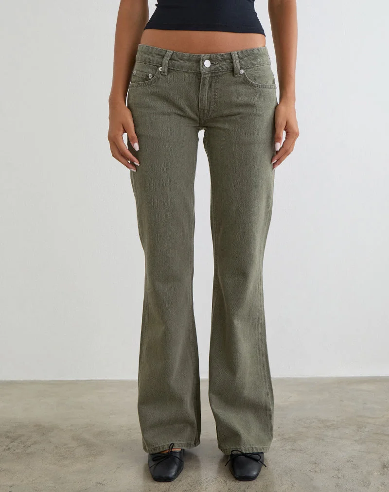 Flare-Jeans mit extra niedriger Leibhöhe in Olivgrün
