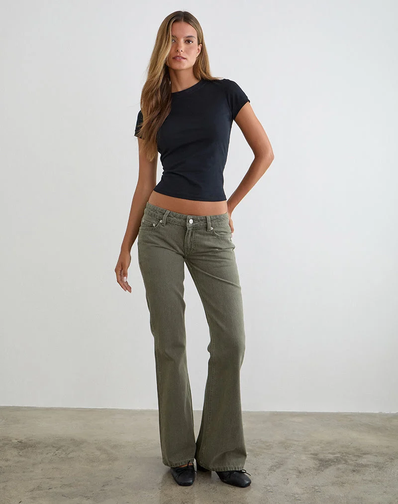 Flare-Jeans mit extra niedriger Leibhöhe in Olivgrün