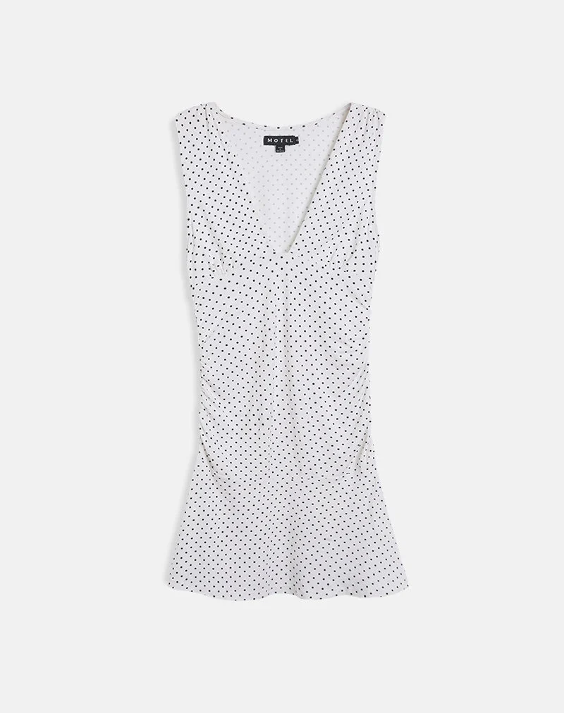 Luscian Plunge Mini Dress in Weiß mit Micro Polka Schwarz